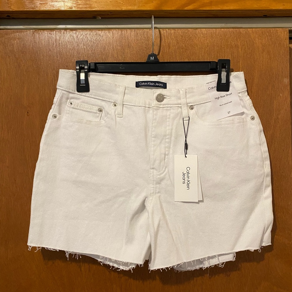 Calvin Klein White Jean Shorts with Frayed Hem